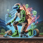 En moderne gamer i VR-utstyr som utfører ekstreme sportsbevegelser, bærekraftig gear og naturlandskap i bakgrunnen, neon-aksenter, realistisk og inspirerende