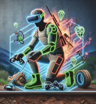 En moderne gamer i VR-utstyr som utfører ekstreme sportsbevegelser, bærekraftig gear og naturlandskap i bakgrunnen, neon-aksenter, realistisk og inspirerende