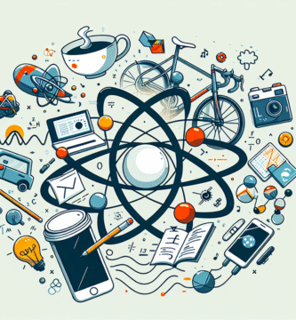 Illustrasjon av hverdagsobjekter (kopp, sykkel, smarttelefon) kombinert med vitenskapelige symboler (atom, bølger, ligninger) i klar, moderne stil