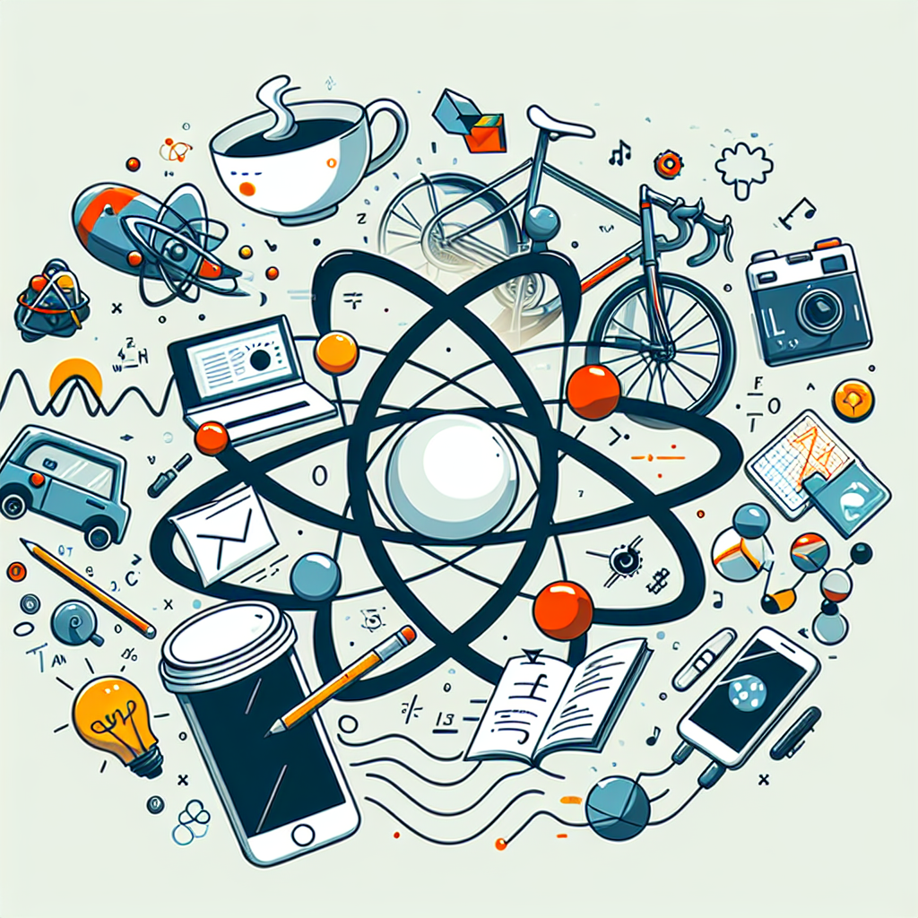 Illustrasjon av hverdagsobjekter (kopp, sykkel, smarttelefon) kombinert med vitenskapelige symboler (atom, bølger, ligninger) i klar, moderne stil