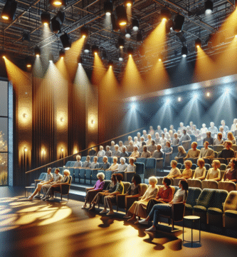 Moderne teaterinteriør med varme scenelys, publikum i ulike aldre, dynamisk scenografi og en intim, inkluderende atmosfære