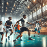 Dynamisk innendørs håndballarena med spillere i aksjon, nærbilder av skudd og forsvar, tydelig lagånd og miljøvennlige elementer i bakgrunnen