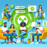 Moderne spillscene med mennesker i ergonomiske stoler, grønt energiikon, quizkort og spillkontroller i et lyst, vennlig miljø