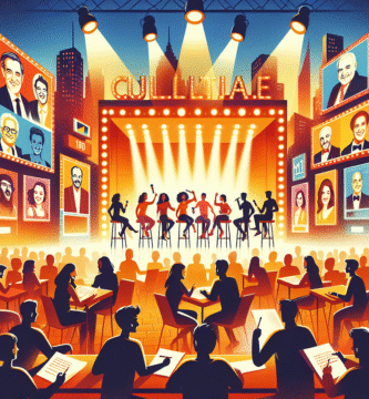 Illustrasjon av et urbant kulturarrangement med kjente ansikter på plakater, publikum som deltar i quiz, varme farger og scenelys